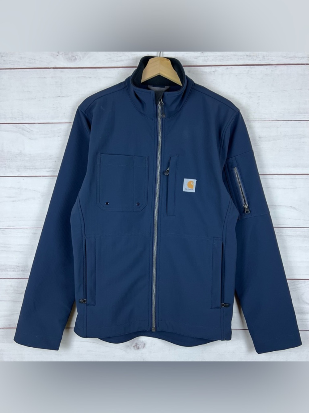 Carhartt Rough Cut Soft Shell Work Jacket Coat Stretch Navy Blue Zip Small Mens